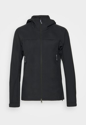 Giacca nera con cappuccio, chiusura frontale con zip, due tasche con zip, maniche lunghe e una texture liscia e opaca. Progettata per uso all'aperto.