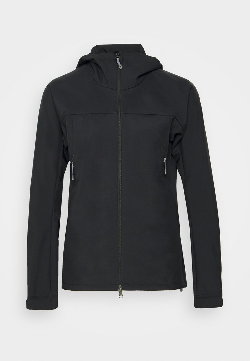 Zwarte, hoodie-jack met een ritssluiting aan de voorkant, twee ritszakken, lange mouwen en een gladde, matte textuur. Ontworpen voor gebruik in de buitenlucht.