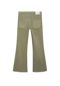 Jean évasé vert en tissu mélangé coton, avec deux poches arrière, taille propre et d�étails de couture. Vue arrière avec un branding minimal.