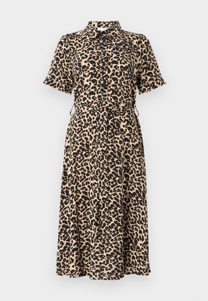 Lyhythihainen leopardi-printti mekko beige ja mustana, kauluksellisella pääntiellä, nappisuljennalla ja säädettävällä vyötärönauhalla, joka ulottuu polven keskikohtaan.