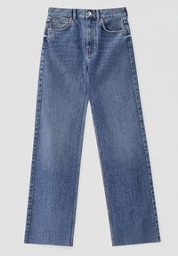 Jean en denim bleu avec une coupe droite, cinq poches et des accessoires en cuivre. Caractérisé par un lavage classique avec une texture légèrement décolorée.