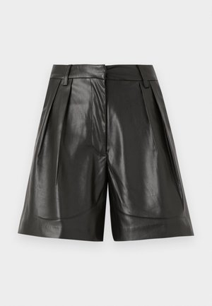 Black leather shorts with a smooth texture, pleated design, high waist, and belt loops, featuring a straight cut and minimalist look.