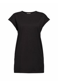 T-shirt noir à manches courtes avec col rond, coupe décontractée et manches légèrement retroussées, présenté sur fond blanc.