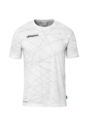 Witte sport t-shirt met korte mouwen, met een subtiel grijs lijnpatroon en zwart merklogo aan de voorkant. Lichtgewicht, ademend materiaal.