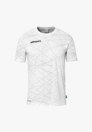 White athletic t-shirt with short sleeves, featuring a subtle gray line pattern and black brand logo on the front. Lightweight, breathable fabric.