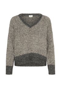 Grijze en beige gebreide trui met een V-hals, een gestructureerd patroon en een contrasterende donkergrijze zoom en manchetten. Zacht, warm materiaal.