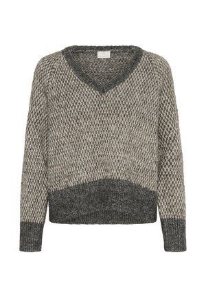 Pull en tricot gris et beige avec un décolleté en V, motif texturé, et ourlet et poignets contrastants en gris foncé. Matière douce et chaude.