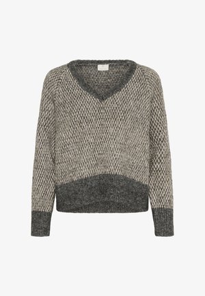 Grauer und beiger gestrickter Pullover mit V-Ausschnitt, texturiertem Muster und kontrastierendem dunkelgrauem Saum und Bündchen. Weiches, warmes Material.