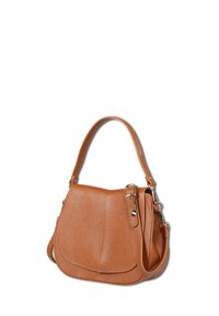 Brown leather shoulder bag with textured surface, a curved shape, a top handle, and an adjustable crossbody strap. Features a small decorative tag.