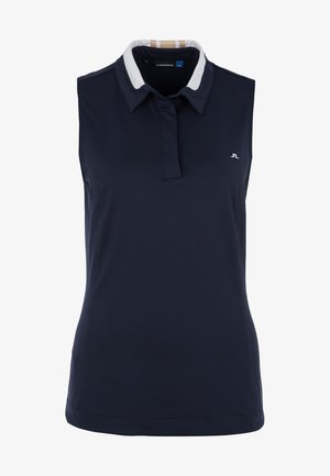 Polo sans manches bleu marine avec des accents de col blanc et un logo subtil. Texture lisse, coupe ajustée et éléments de design classique.