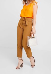 Blusa arancione senza maniche con rifinitura in pizzo, pantaloni marroni a vita alta con cintura, borsa trasparente con manici in legno, tacchi con stampa serpente.