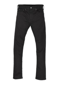 Vaqueros negros de mezclilla con diseño de pierna recta, con bolsillos delanteros, cierre de cremallera y botón metálico. Textura suave con detalles mínimos.