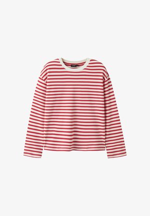 Langærmet t-shirt med rund hals og vandrette røde og hvide striber, vist mod en hvid baggrund.