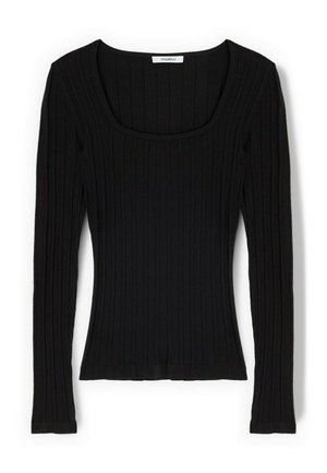 Czarny prążkowany top z długim rękawem, kwadratowym dekoltem, dopasowaną sylwetką i małą białą metką wewnątrz kołnierza.