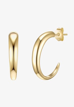 Gold hoop earrings with a smooth, rounded design. Features a slight curve and a pin back with a floral accent. Polished finish.