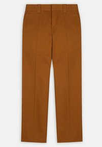 Braune Hose aus glattem Stoff, mit maßgeschneiderter Passform, doppelten vorderen Falten und Gürtelschlaufen. Sie endet an den Knöcheln mit einem geraden Bein.