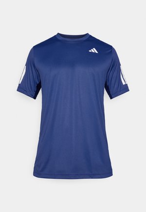 Marineblaue kurzärmelige Sportshirt aus glattem Material, mit Rundhalsausschnitt und einem weißen Logodetail auf der oberen linken Brust.