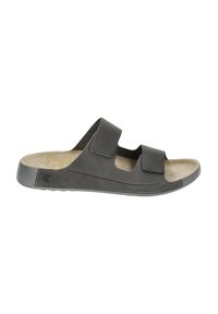 Black slide sandal with two adjustable Velcro straps, open toe design, textured insole, and a rubber outsole. Minimalistic and functional.
