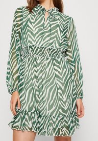 Grön och vit randig klänning med lång ärm, samlad midja, volangfåll och en nyckelhålsutskärning vid halsringningen.