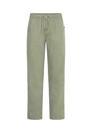 Lysegrønne bukser med rett ben, elastisk midje og snor, laget av mykt stoff.