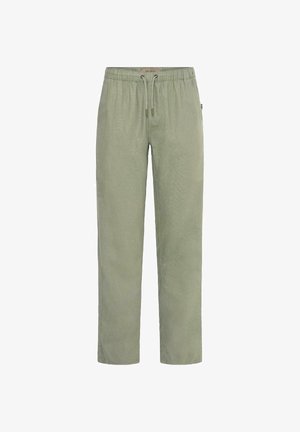 Lysegrønne bukser med rett ben, elastisk midje og snor, laget av mykt stoff.