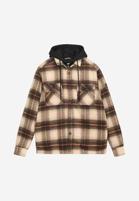 Veste à carreaux dans des teintes beige, noir et orange. Dotée d'une capuche noire, d'un devant à boutons, de deux poches poitrine et d'une coupe décontractée.