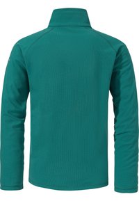 Türkisfarbene Fleecejacke, lange Ärmel, hoher Kragen, weiche Textur, flache Nahtdetails, keine sichtbaren Metallteile oder Akzente, für Wärme konzipiert.