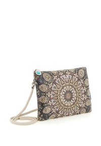 Pochette con motivo mandala in blu scuro, con dettagli in oro e bianco. Tessuto testurizzato con manico beige e un accento blu sulla cerniera.