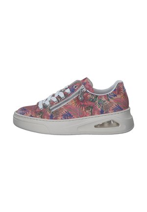 Baskets avec un motif floral dans des teintes roses, bleues et vertes. Dotées d'une semelle blanche, d'un design à lacets et d'un détail de fermeture éclair sur le côté. Poignée d'air transparente.