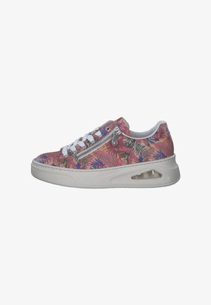 Sneaker mit floralem Muster in rosa, blau und grün. Mit weißer Sohle, Schnürdesign und seitlichem Reißverschluss. Transparente Luftpolster.