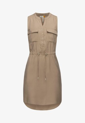 Brun kjole uten ermer med V-hals, knappestolpe foran, to brystlommer og justerbar snor i midjen. Glatt stoff med en lett buet kant.