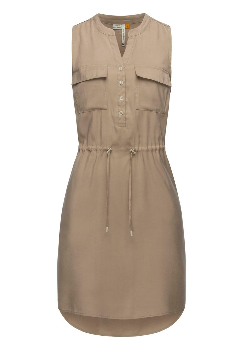 Beige ärmelloses Kleid mit V-Ausschnitt, Knopfverschluss vorne, zwei Brusttaschen und einer verstellbaren Kordel in der Taille. Glatter Stoff mit leicht gebogenem Saum.