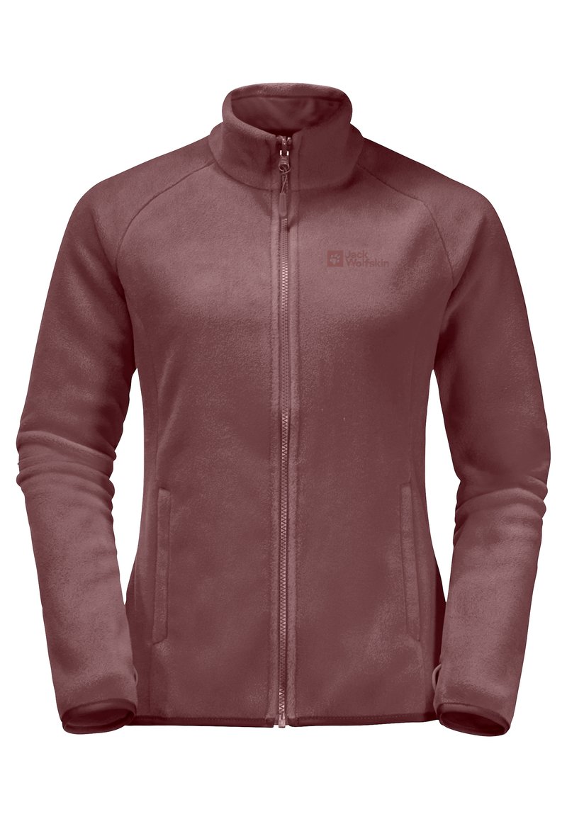 Giacca in fleece di un borgogna tenue, con colletto alto, zip frontale, tasche laterali e tessuto testurizzato. Logo discreto sul petto.