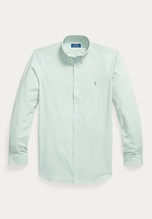 Camicia da uomo a maniche lunghe con bottoni, righe verticali verde chiaro e bianco e piccolo logo ricamato sul petto.