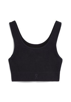 Zwarte sportbeha met brede bandjes, een ronde halslijn en een gestructureerde band. Voorzien van een subtiele logo-detail aan de onderkant.