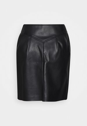 Black high-waisted faux leather mini skirt with V-shaped seam detail at the waistband and subtle pleats on the front.