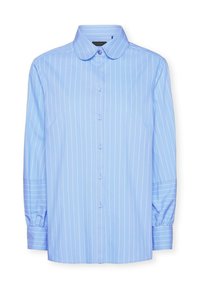 Camicia azzurro chiaro a maniche lunghe con strisce verticali bianche, con bottoni sul davanti, colletto classico e polsini arricciati. Tessuto liscio con una vestibilità strutturata.
