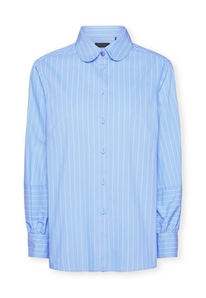 Lyseblå langærmet skjorte med hvide lodrette striber, knaplukning foran, klassisk krave og sammensnørede manchetter. Glat stof med en struktureret pasform.