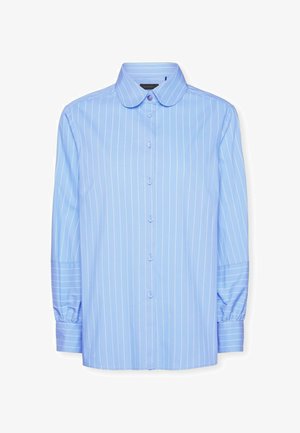 Camicia azzurro chiaro a maniche lunghe con strisce verticali bianche, con bottoni sul davanti, colletto classico e polsini arricciati. Tessuto liscio con una vestibilità strutturata.