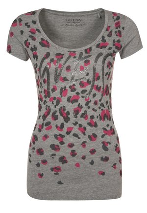 Gray short-sleeve T-shirt featuring a leopard print pattern in black and pink with a sparkly "LOVE" graphic at the center.