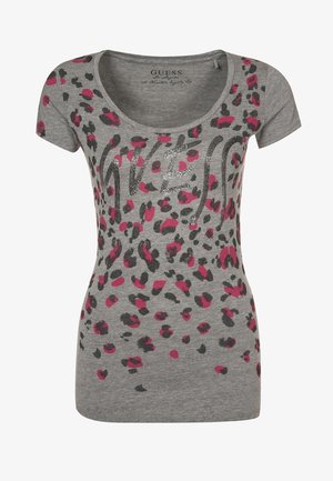 Gray short-sleeve T-shirt featuring a leopard print pattern in black and pink with a sparkly "LOVE" graphic at the center.