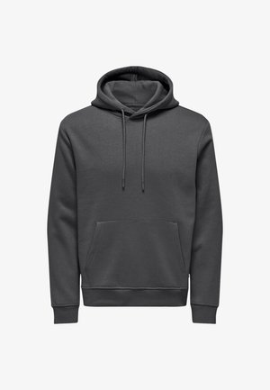 Temno siva kapuca s sprednjim žepom, kapuco na vrvico, rebrastimi manšetami in robom. Narejena iz mehke tkanine z gladko teksturo.