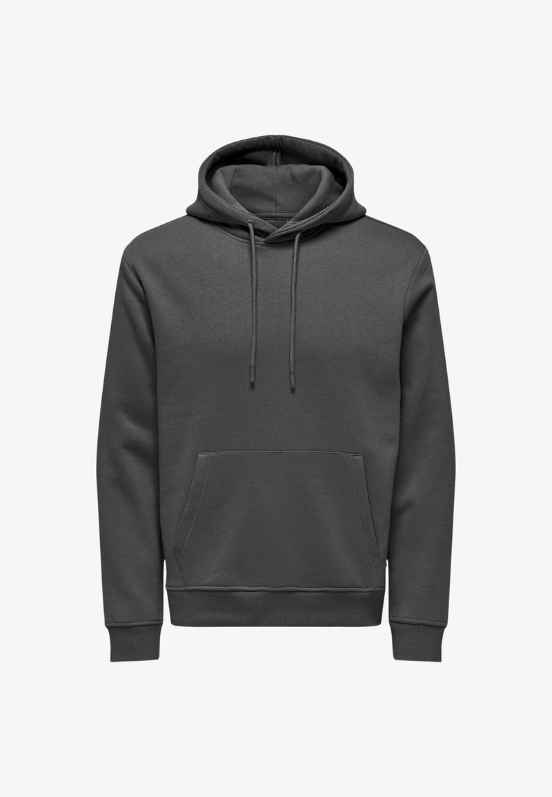 Czarna szara bluza z kapturem, z kieszenią na przodzie, sznurkiem przy kapturze oraz ściągaczami przy rękawach i u dołu. Wykonana z miękkiego materiału o gładkiej teksturze.