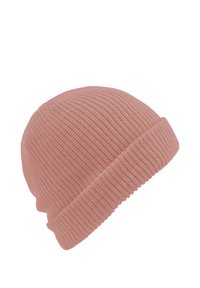 Gehaakte beanie in zachte roze met een omgevouwen geribde rand, featuring een textuurpatroon door het hele lijf, geschikt voor warme kleding.