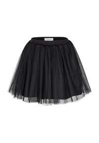 Schwarzer Tüllrock mit gerafftem Design, ausgestattet mit einem breiten elastischen Bund und schichtigem Material für Volumen und Beweglichkeit.