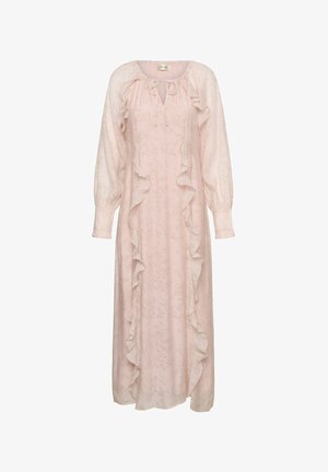 Lyserød maxikjole med lange ærmer, diskret blomsterprint, flæser foran, rynket halsudskæring og bindesløjfe.