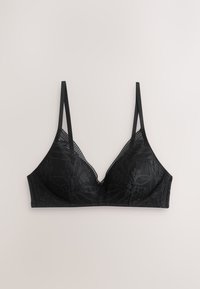 Schwarzes Spitzen-Bralette mit Blumenmustern, dünnen verstellbaren Trägern und einem weichen, drahtlosen Design, flach auf hellem Hintergrund liegend.