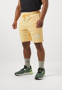 Žute kratke sportske hlače s vezicom u struku i bočnim džepovima. PUMA logo u bijeloj boji na lijevoj nozi. Uparene s zelenim sportskim cipelama i sivim čarapama.