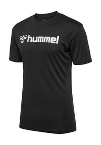 Sort kortærmet t-shirt lavet af glat stof med et fremtrædende hvidt "hummel" logo på forsiden. Rund halsudskæring, afslappet pasform.
