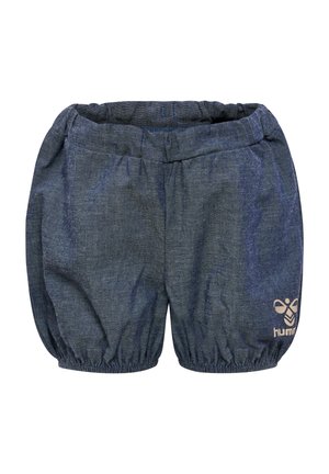 Mørkeblå shorts lavet af blødt stof, med elastisk talje, samlede kanter og et lille logo nederst til højre.